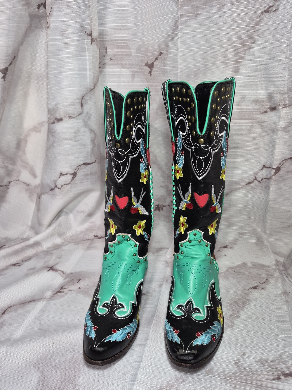 Turquoise & Black Embroidered Western Cowgirl Boots By Scaoruki - Picture 2 of 10